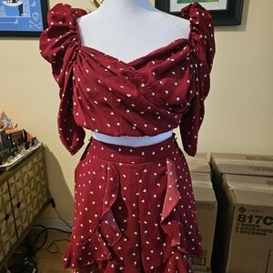 Pinup Style Red Heart Patterned Crop Top and Skirt Set